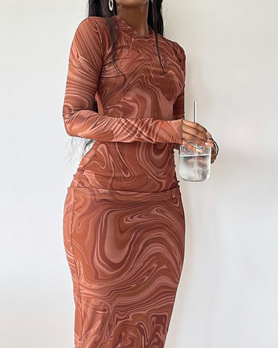 Long Sleeve Fashion Printed Round Neck Long Dress Brown S-L