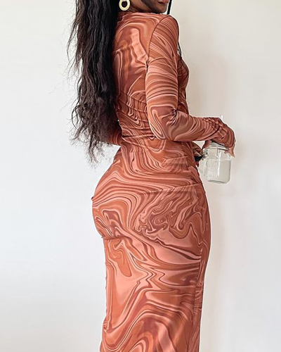Long Sleeve Fashion Printed Round Neck Long Dress Brown S-L