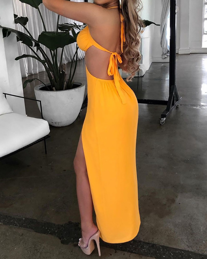 Women Solid Color Hollow Out Halter High Split One Piece Dress Yellow S-L 