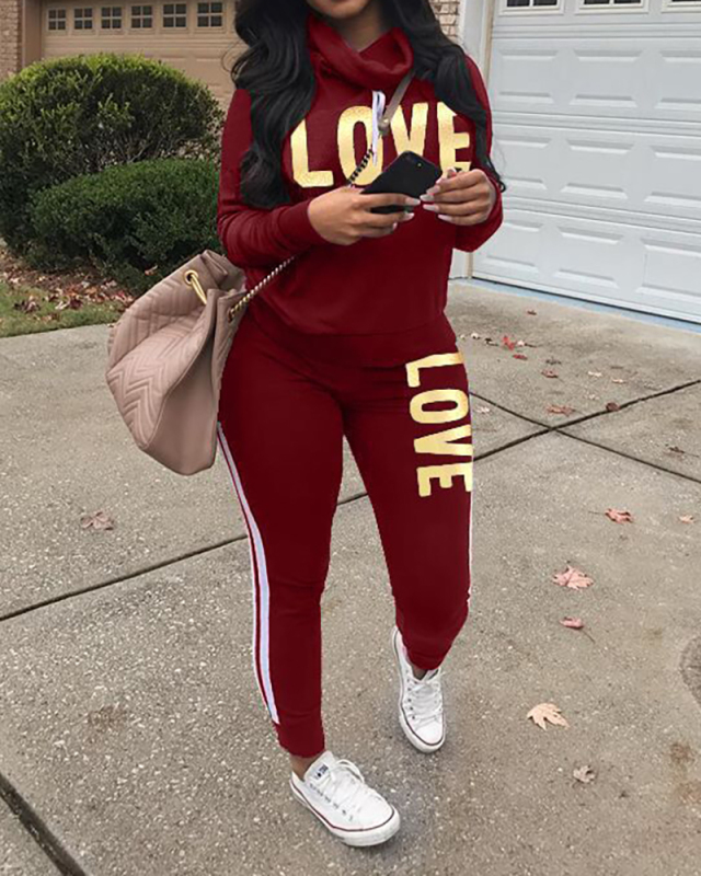 Women Long Sleeve Love Letter Printed Sports Wear Two Pieces Outfit Purple Green Blue Red Black S-3XL