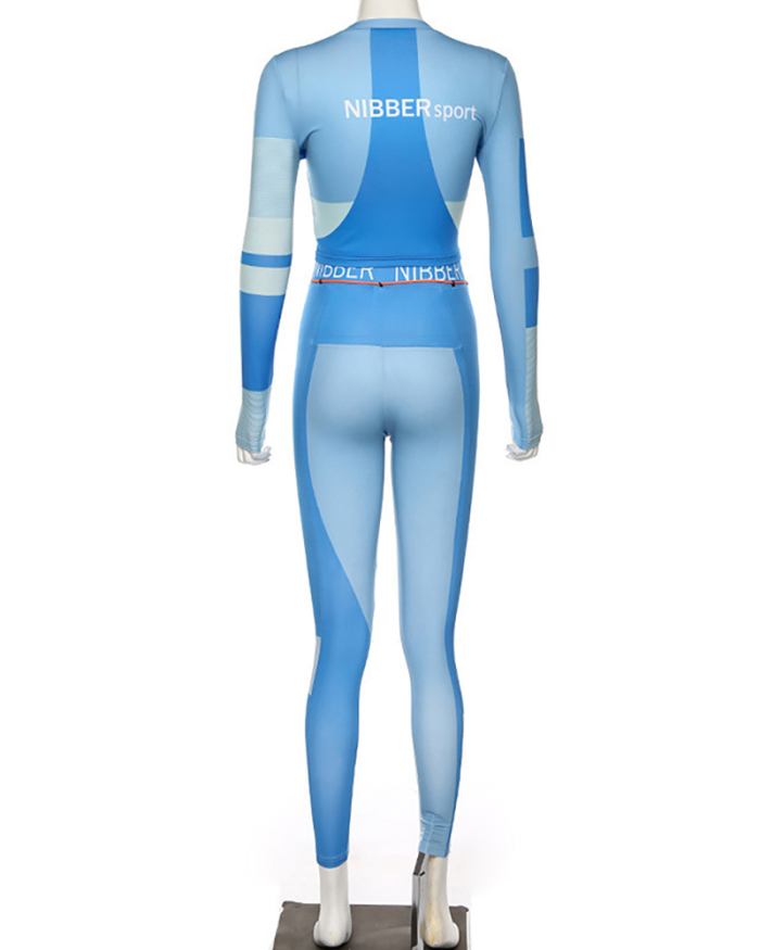 Fashion New Printed Colorblock Long Sleeve Sports Suit Two Pieces Outfit Grey Blue Black S-XL