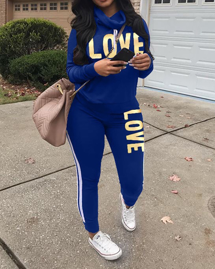 Women Long Sleeve Love Letter Printed Sports Wear Two Pieces Outfit Purple Green Blue Red Black S-3XL