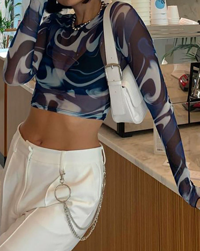 Lady Printing O-Neck Long Sleeve Crop Tops Blue S-L 