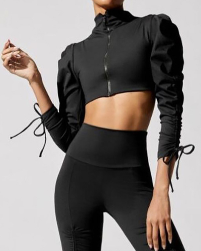 Lady Sexy Long Sleeve Solid Color Crop Tops Green Black White S-L  