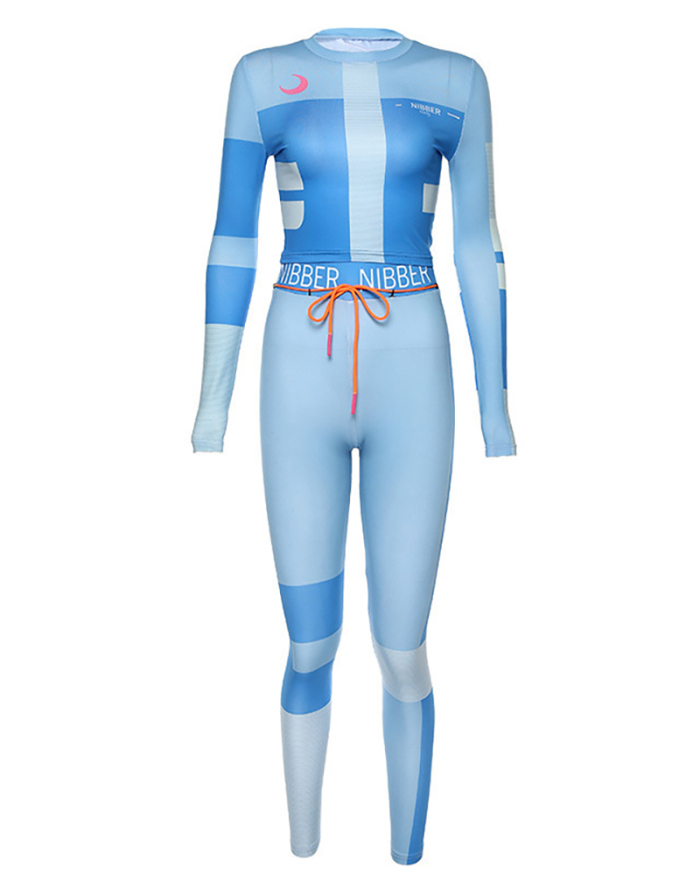 Fashion New Printed Colorblock Long Sleeve Sports Suit Two Pieces Outfit Grey Blue Black S-XL