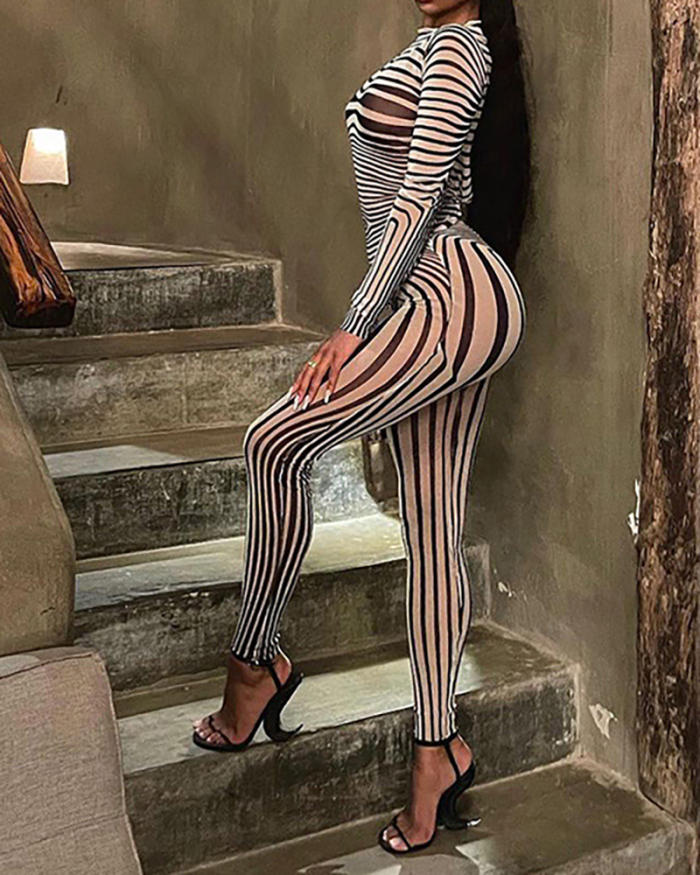 Women Mesh Long Sleeve Striped Printed Slim Pants Two-piece Sets Black S-L