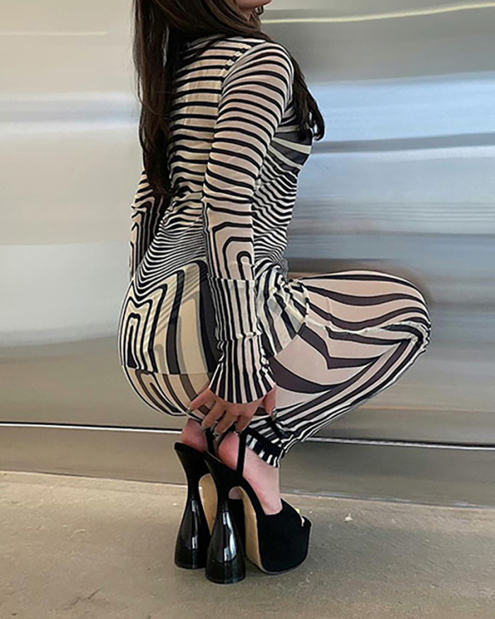 Women Mesh Long Sleeve Striped Printed Slim Pants Two-piece Sets Black S-L