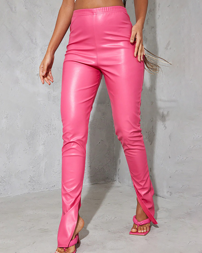 Women's Slim Fit Hip-Lifting Split High Waist Tight-Fitting Ripped Casual PU Leather Trousers S-L