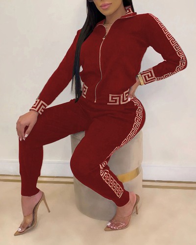 Ladies New Fashion Casual Printing Stitching Zipper Two-Piece Suit S-XXL