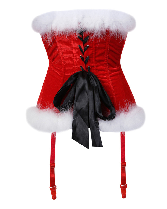 Women Feather Down Christmas Bow Shaper Plus Size Corsets Red Black S-6XL