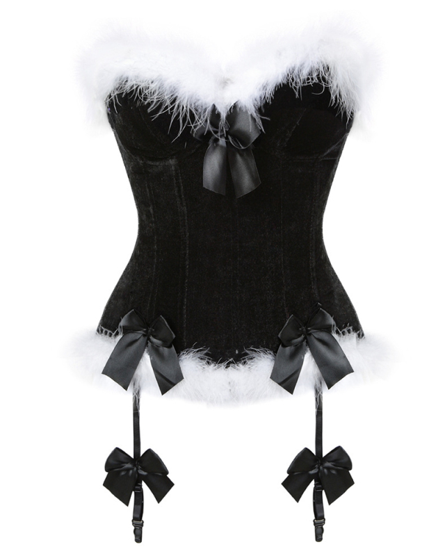 Women Feather Down Christmas Bow Shaper Plus Size Corsets Red Black S-6XL