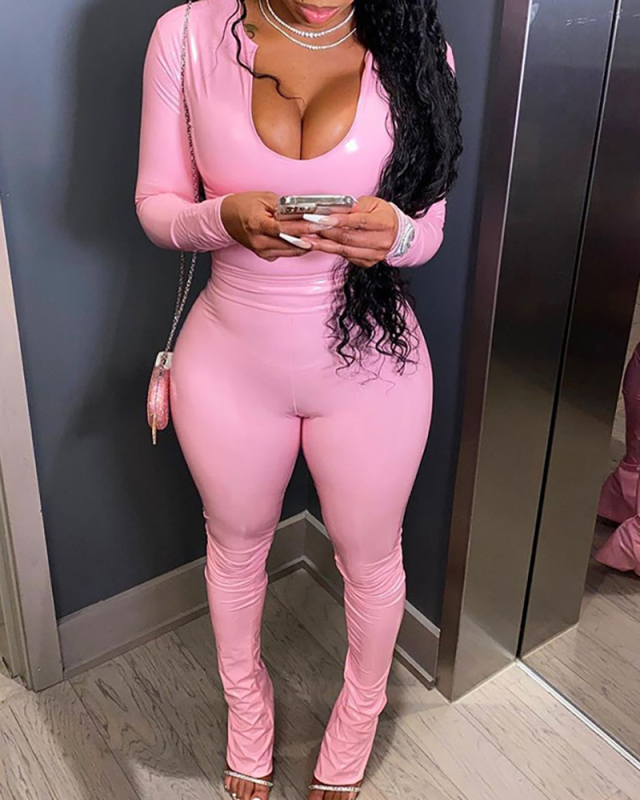 Lady Solid Color PU Long Sleeve Casual Two Piece Set Pink Black S-XL 