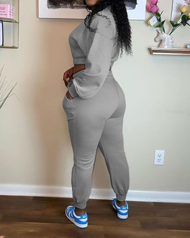 Women Long Sleeve Solid Color Crop Tops Casual Pants Sports Wear Two Pieces Outfit Pink Grey Black S-2XL