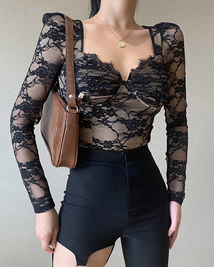 Breast Cup Lace Long Sleeve Top Fashionable Sexy Black V-neck Shirt S-L