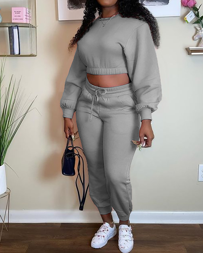 Women Long Sleeve Solid Color Crop Tops Casual Pants Sports Wear Two Pieces Outfit Pink Grey Black S-2XL