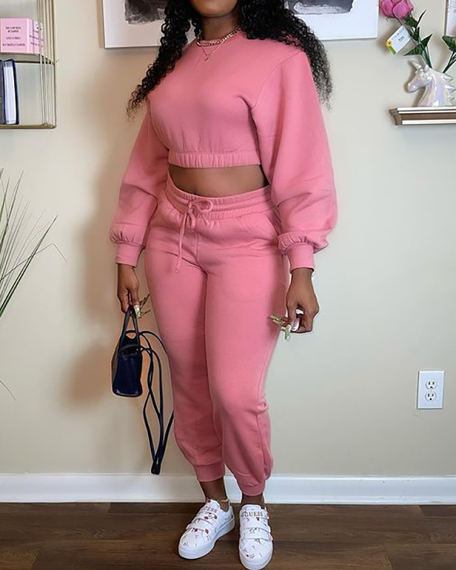 Women Long Sleeve Solid Color Crop Tops Casual Pants Sports Wear Two Pieces Outfit Pink Grey Black S-2XL