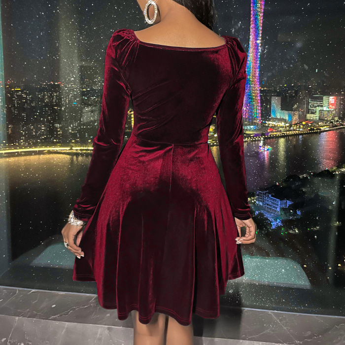 Solid Color Sexy V Neck Long Sleeve Velvet Hot Sale Evening Dress Wine Red Brown Black Royal Blue S-XL