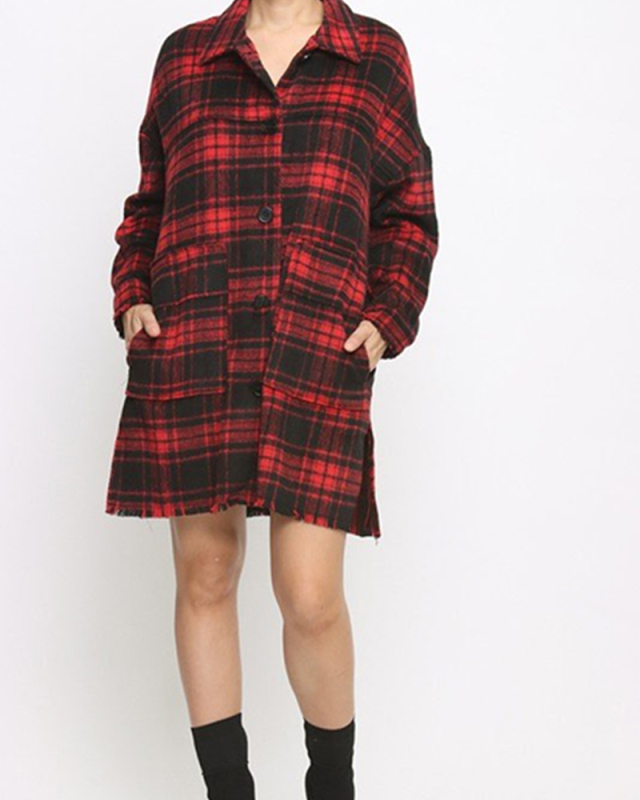 Women Long Sleeve Turn-down Collar Grid Pocket Casual Shirt Dress Red Green S-L