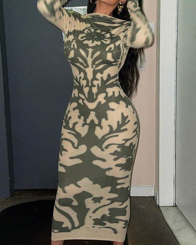 Lady Fashion Printing Long Sleeve Backless One Piece Dress Green S-L 
