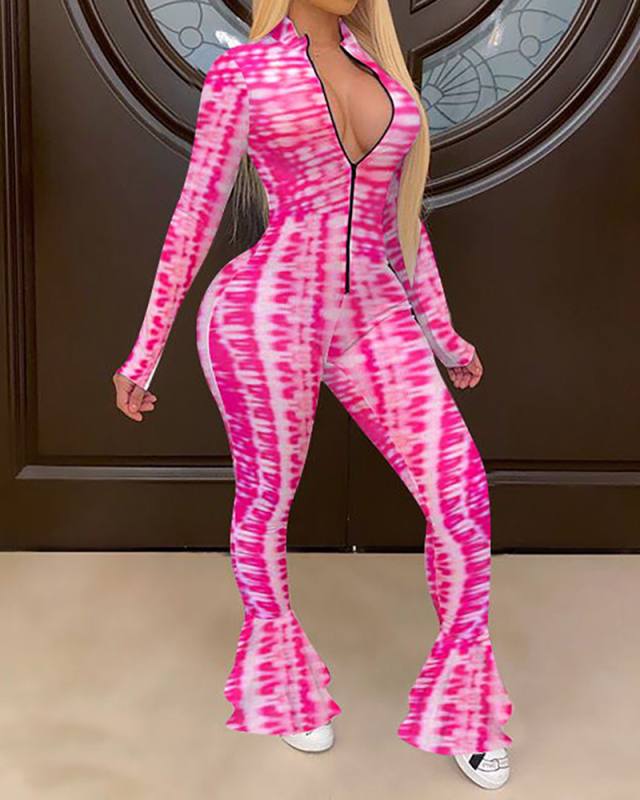 Women Fashion Printed Zipper Neck Long Sleeve Jumpsuits White Rosy Luke Green S-2XL