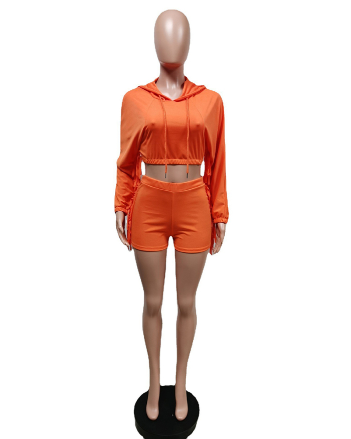 Women Long Tassel Sleeve Solid Color Short Sets Two Pieces Outfit Black Orange Coffee S-2XL