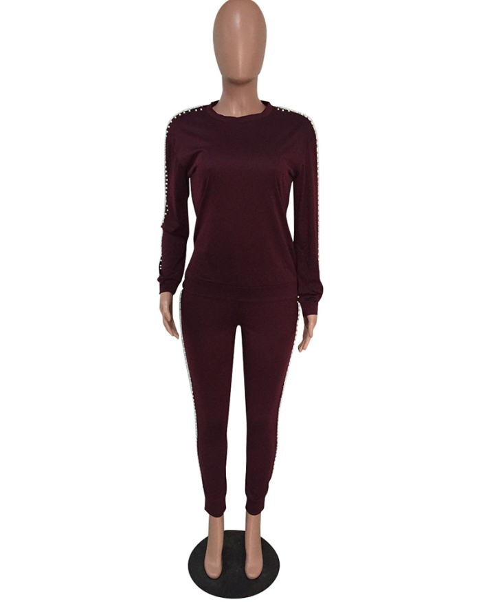 Women Long Sleeve Solid Color Beading Pants Sets Two Pieces Outfit Brown Red Black Grey S-2XL