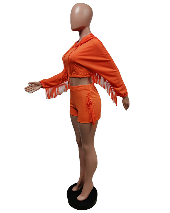 Women Long Tassel Sleeve Solid Color Short Sets Two Pieces Outfit Black Orange Coffee S-2XL