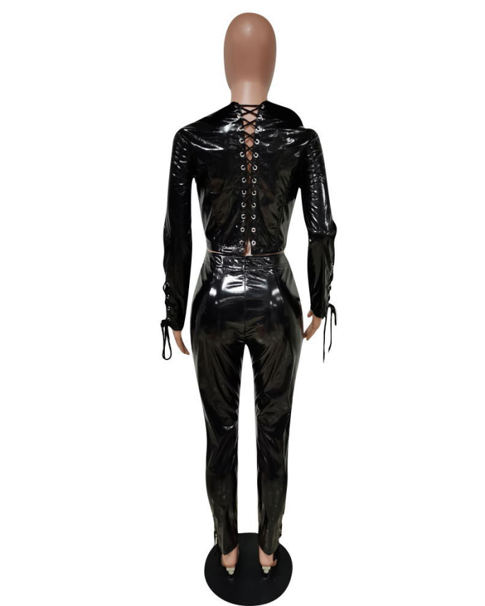 Fashion Women Long Sleeve V-neck Back Strappy PU Leather Two Piece Set Black S-2XL