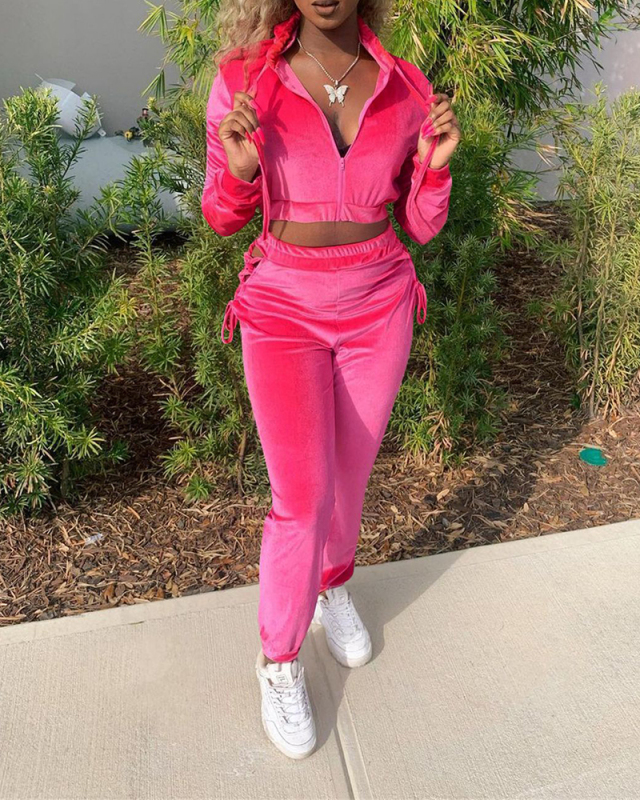 Women Long Sleeve Solid Color Velvet Crop Tops Pants Sets Two Pieces Outfit Blue Rosy Grey S-XL