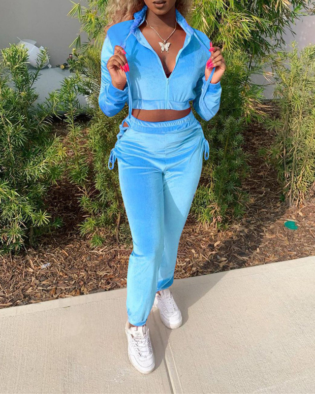 Women Long Sleeve Solid Color Velvet Crop Tops Pants Sets Two Pieces Outfit Blue Rosy Grey S-XL