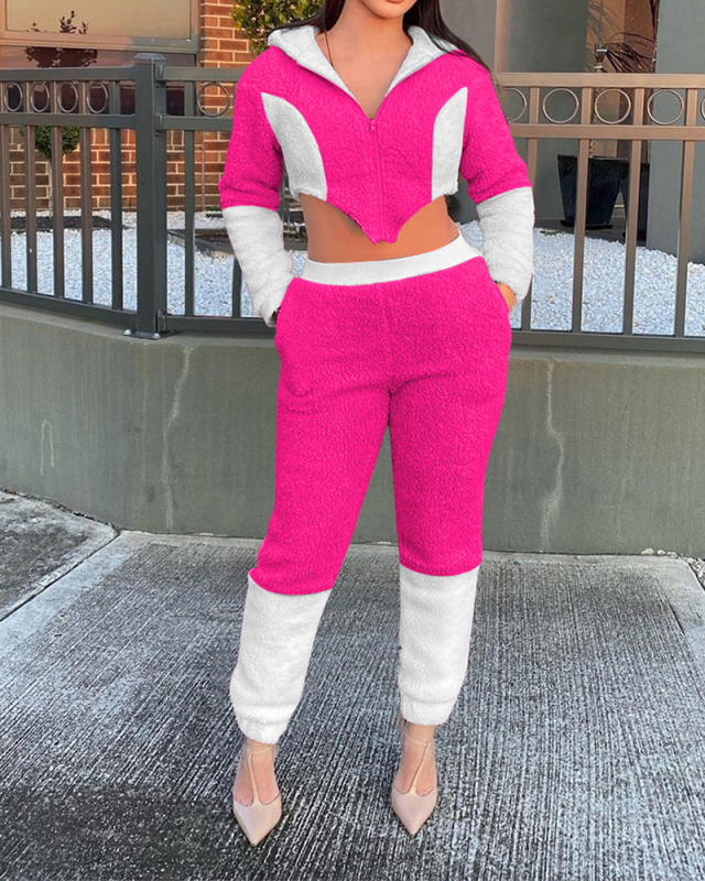 Women Long Sleeve Colorblock Hoodies Crop Tops Teddy Cashmere Two Pieces Outfit Black Rosy Khaki S-XL
