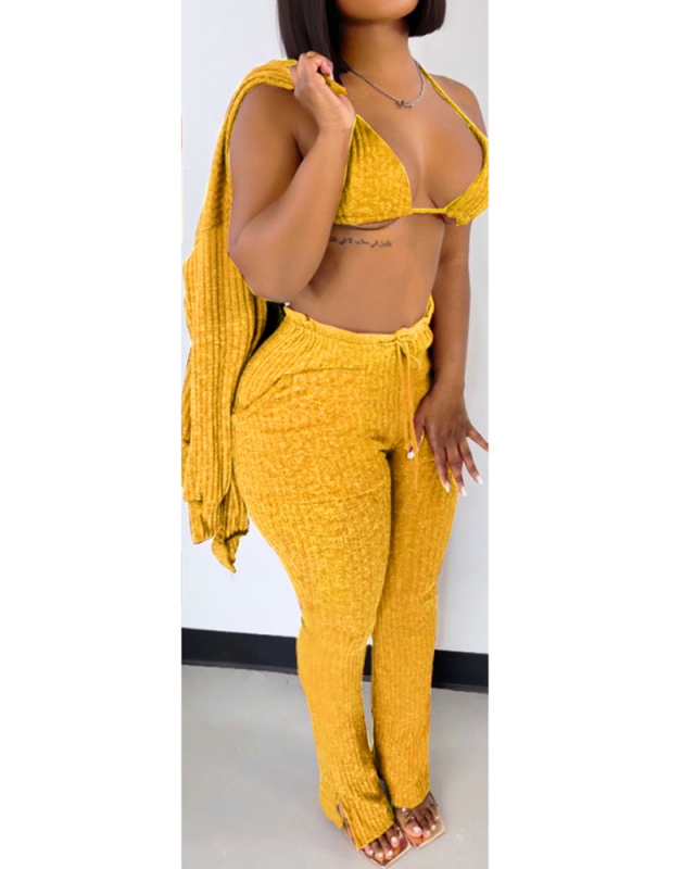 Women Solid Color Sexy Long Sleeve Split Three Piece Set Pink Yellow Orange Red Black S-XL