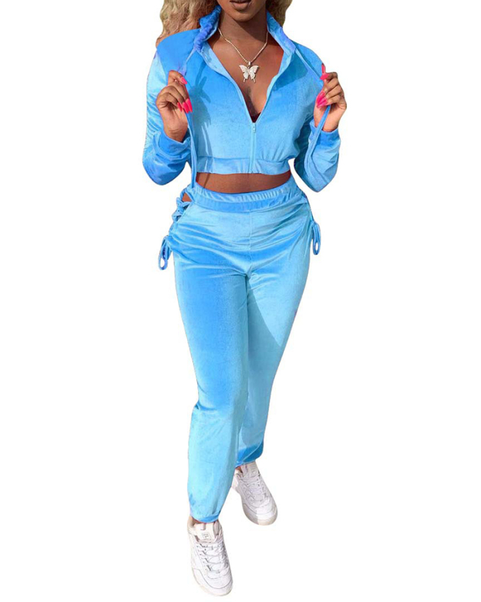 Women Long Sleeve Solid Color Velvet Crop Tops Pants Sets Two Pieces Outfit Blue Rosy Grey S-XL
