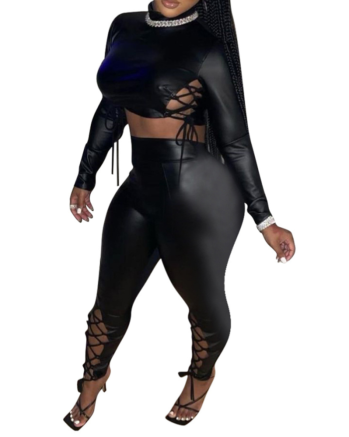 Women Fashion PU Turtleneck Strappy Pants Sets Two Pieces Outfit Black S-XL