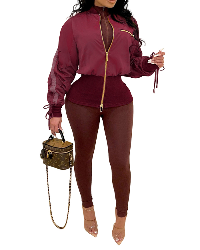 Women Zipper Solid Color Casual Long Sleeve Tops Jackets Coat Black Wine Red Brown S-2XL 