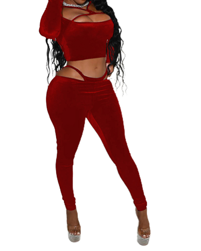 Women Long Sleeve Solid Color Off Shoulder Criss Cross Strap Crop Top Slim Pants Two Pieces Outfit Casual Wear Red Black Rosy S-XL