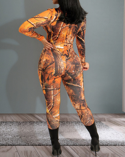 Zipper Front Fashion Printed Slim New Women Jumpsuits Orange S-XL