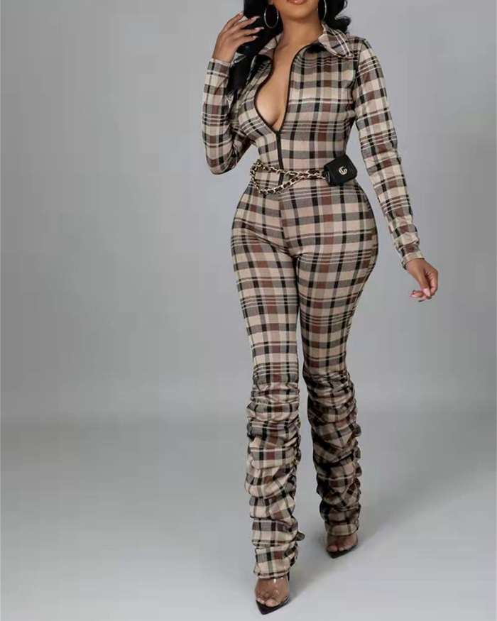 Ladies Fashion New Slim-fit Pleated Printed Plaid Jumpsuit S-XL