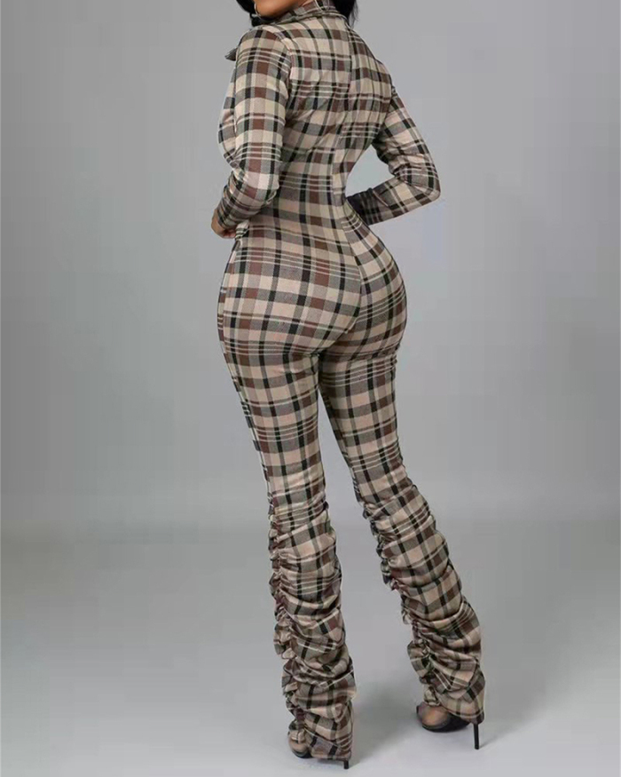Ladies Fashion New Slim-fit Pleated Printed Plaid Jumpsuit S-XL