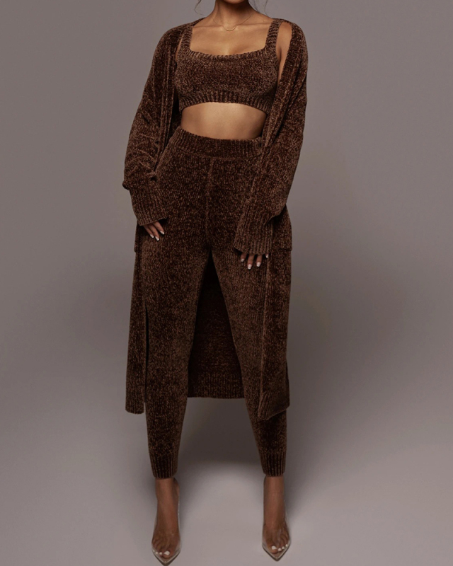 Women Causal Wool Solid Color Long Sleeve Three Piece Set Red Brown S-XL 