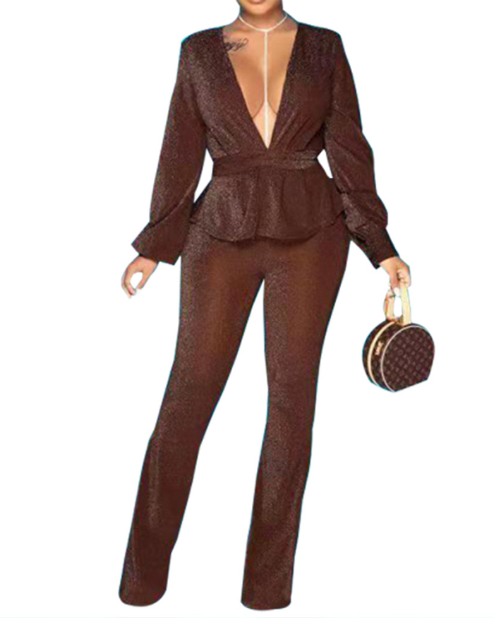 Women Long Sleeve Deep V Neck Solid Color Pants Sets Two Pieces Outfit Deep Brown S-XL
