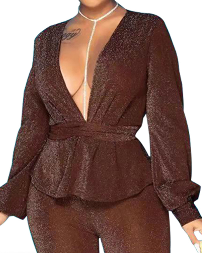 Women Long Sleeve Deep V Neck Solid Color Pants Sets Two Pieces Outfit Deep Brown S-XL