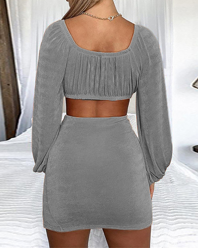 Lady Solid Color Sexy Long Sleeve Crop Tops Two Piece Set Black Gray Khaki Orange S-3XL 