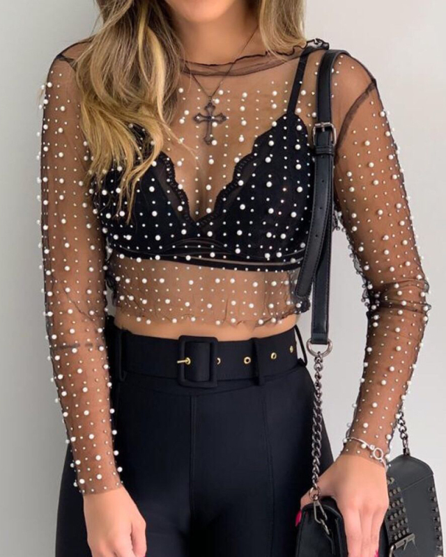 Women Long Sleeve Sexy Diamond beads Mesh Lace Crop Tops Black Nude (Without Bra) S-XL