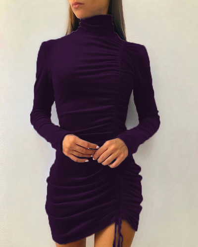 Women Solid Color Pleated Long Sleeve High Neck One Piece Dress Pink Wine Red Purple Brown Black Gray S-3XL