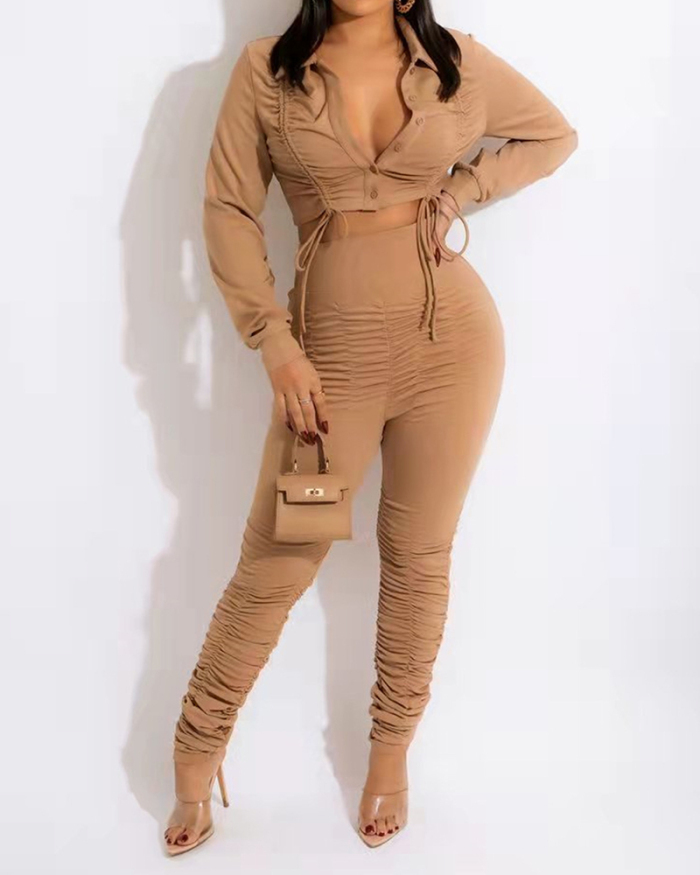 Women Long Sleeve Solid Color  Turn-down Collar Crop Tops Two Pieces Outfit Pants Sets Black Camel S-XL