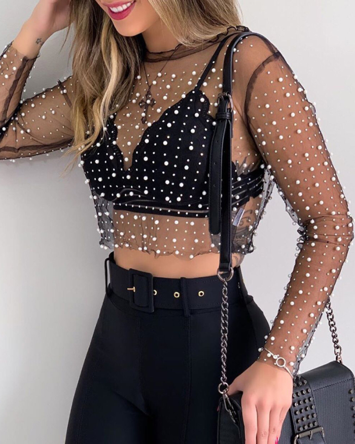 Women Long Sleeve Sexy Diamond beads Mesh Lace Crop Tops Black Nude (Without Bra) S-XL