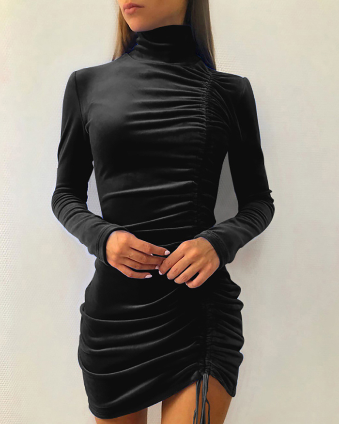 Women Solid Color Pleated Long Sleeve High Neck One Piece Dress Pink Wine Red Purple Brown Black Gray S-3XL