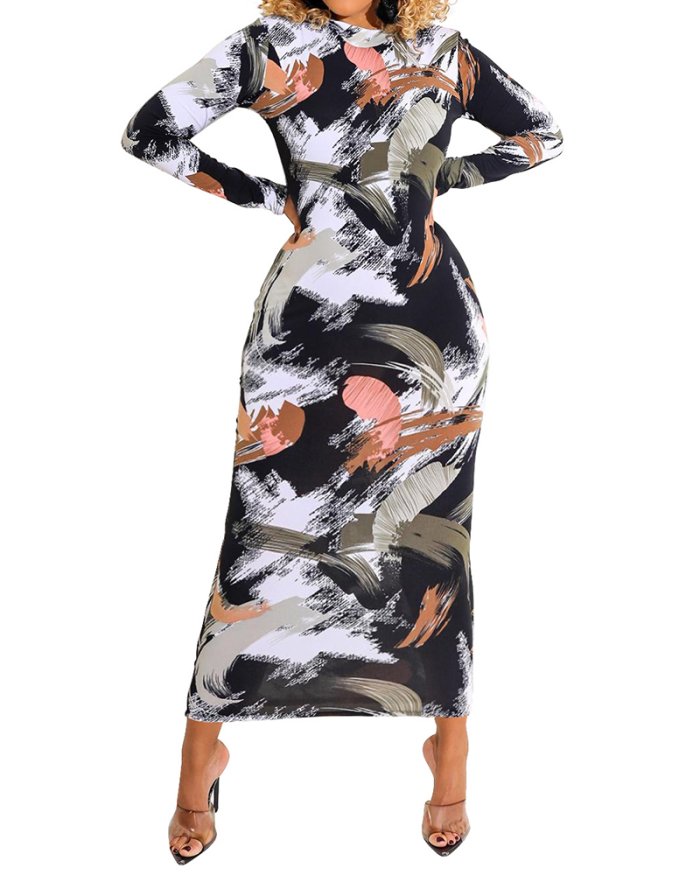 Ladies Printed Zipper Two-Sided Long-Sleeved Dress S-XXL