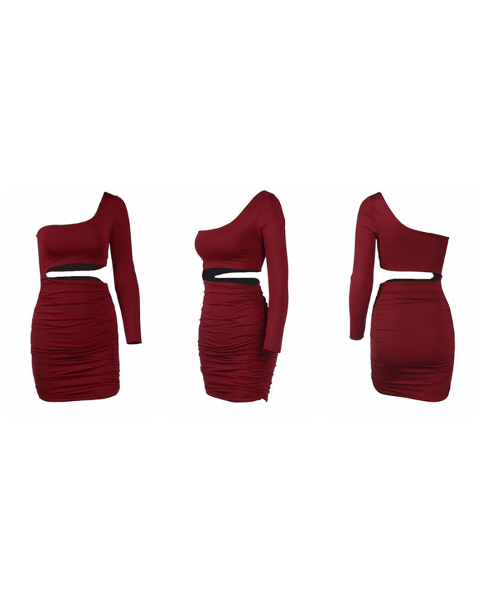 Women One Shoulder Sexy Hollow Out Ruched Mini Solid Color Dress White Red Wine Red Black Orange Army Green Blue XS-XL